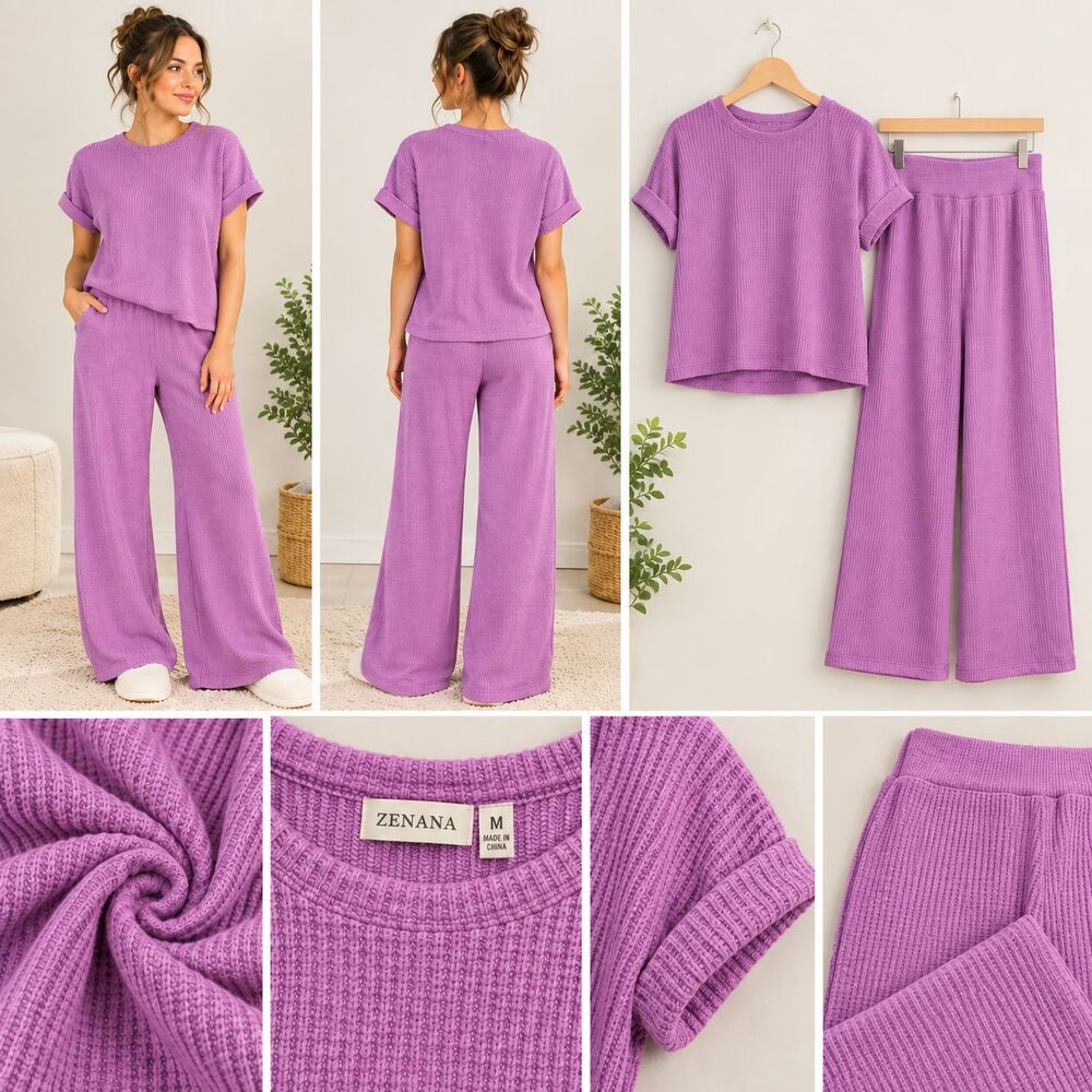 NWOT Zenana Purple Waffle Knit Two-Piece Set Women's Size Large